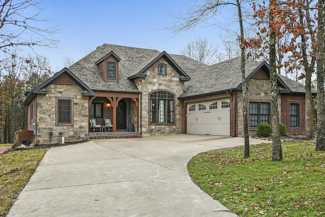 view of front of house with a porch, a garage, and a front lawn