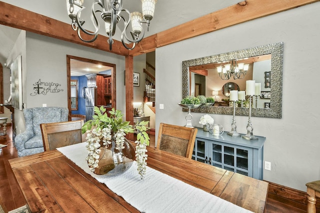 dining room featuring a notable chandelier, beam ceiling, and hardwood / wood-style flooring