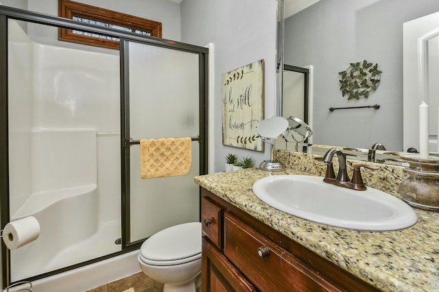 bathroom with vanity, toilet, and a shower with shower door