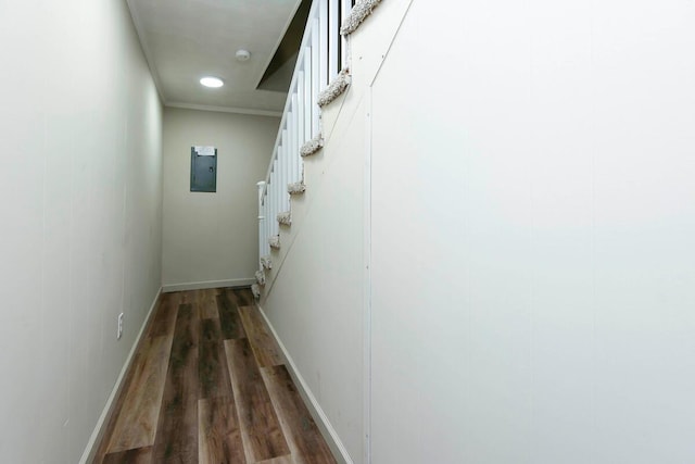 corridor with dark wood-type flooring and electric panel