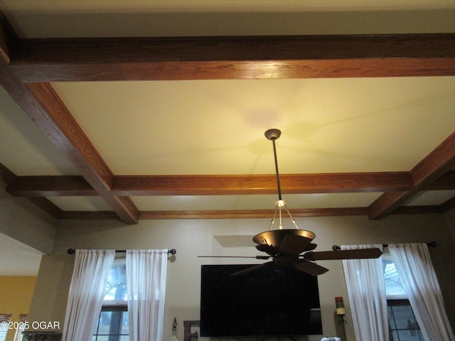 interior details featuring coffered ceiling and beam ceiling