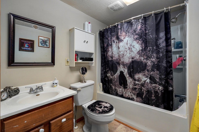 full bathroom featuring vanity, shower / bath combination with curtain, a textured ceiling, and toilet