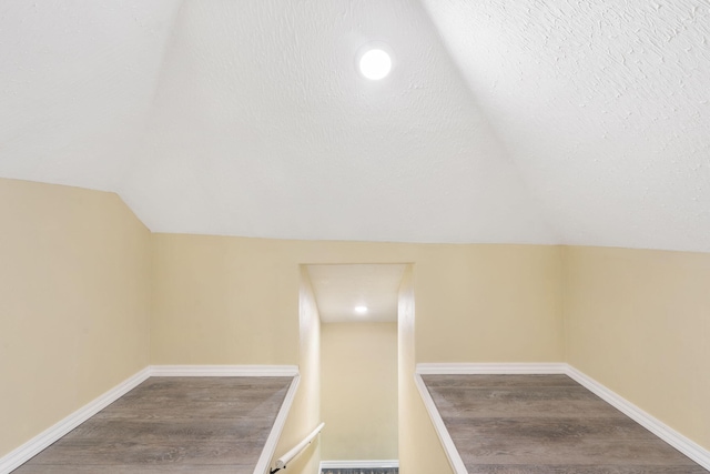 bonus room featuring wood-type flooring, vaulted ceiling, and a textured ceiling