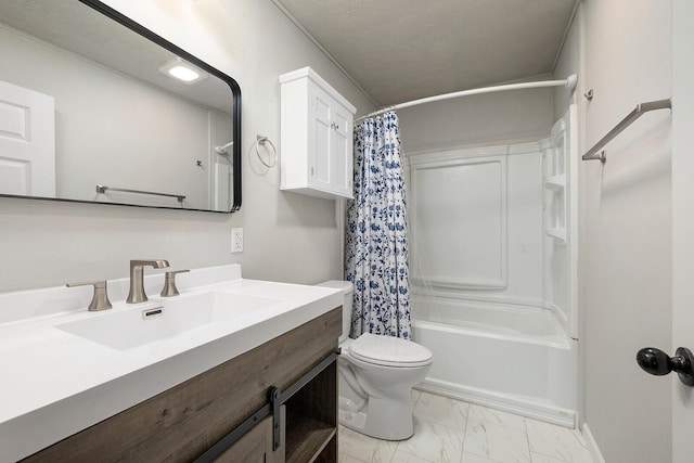 full bathroom with vanity, shower / bath combination with curtain, a textured ceiling, and toilet