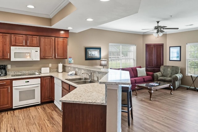 kitchen featuring sink, plenty of natural light, a kitchen breakfast bar, kitchen peninsula, and white appliances