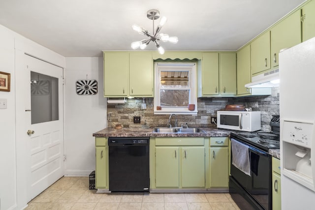 kitchen featuring sink, green cabinets, an inviting chandelier, tasteful backsplash, and black appliances