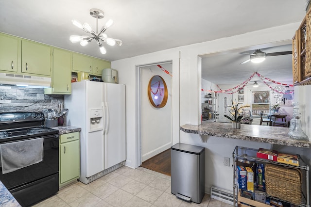 kitchen with electric range, a notable chandelier, white refrigerator with ice dispenser, green cabinetry, and decorative backsplash