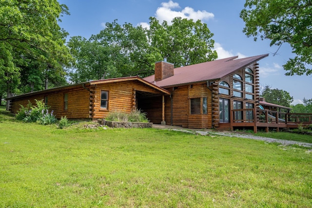 241 Nine Center Ct, Reeds Spring, MO 65737 - cabin with log exterior, a chimney, a front lawn, and a wooden deck