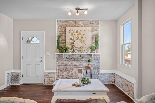 foyer entrance featuring brick wall, a healthy amount of sunlight, and dark hardwood / wood-style floors