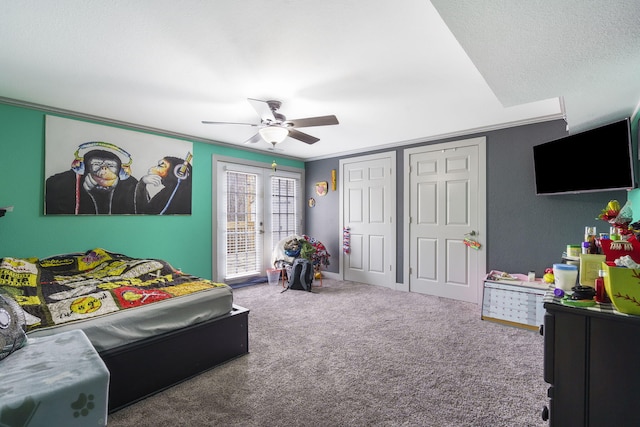 carpeted bedroom featuring ornamental molding, access to outside, ceiling fan, a textured ceiling, and french doors