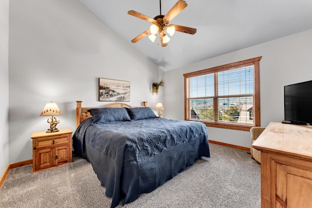 carpeted bedroom featuring ceiling fan and high vaulted ceiling