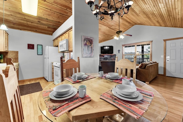 dining area featuring an inviting chandelier, light hardwood / wood-style floors, vaulted ceiling, and wooden ceiling