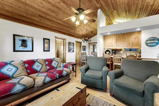 living room featuring ceiling fan with notable chandelier, high vaulted ceiling, light hardwood / wood-style floors, and wood ceiling