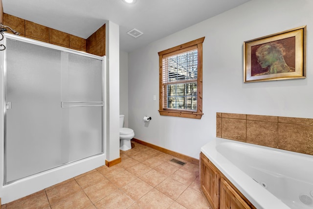 bathroom with plus walk in shower, tile patterned flooring, and toilet