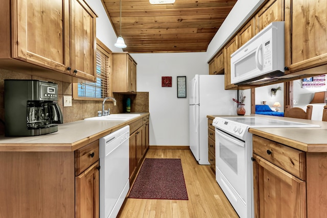 kitchen with light hardwood / wood-style flooring, hanging light fixtures, white appliances, wooden ceiling, and sink