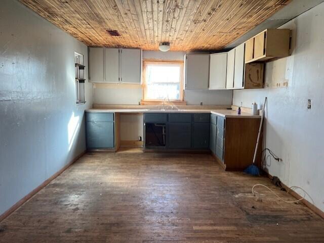 kitchen featuring gray cabinetry, sink, wood ceiling, and hardwood / wood-style flooring