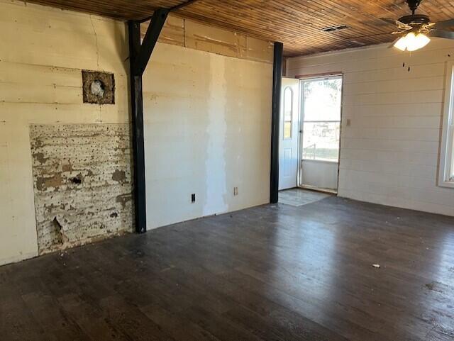 unfurnished room featuring dark hardwood / wood-style floors and wooden ceiling