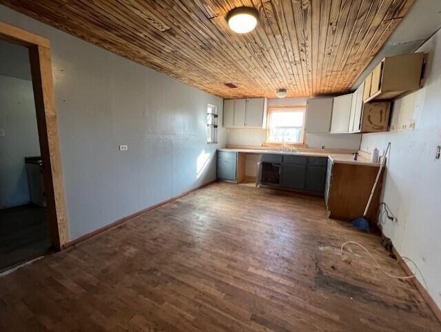 kitchen with wood ceiling and dark wood-type flooring