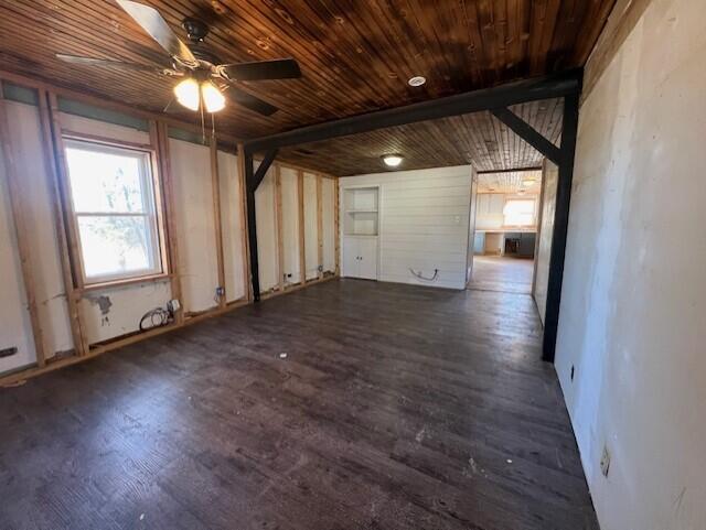 spare room with ceiling fan, wood ceiling, and dark hardwood / wood-style flooring