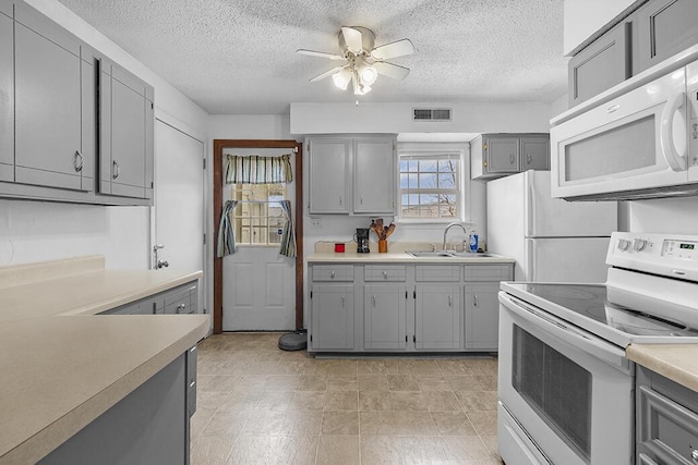 kitchen featuring sink, gray cabinetry, white appliances, ceiling fan, and a textured ceiling