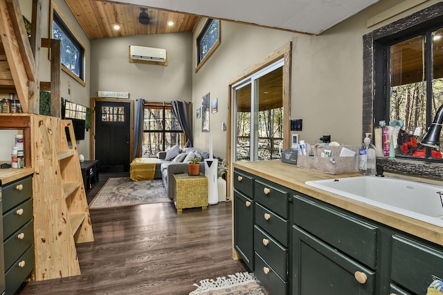 interior space featuring a wall mounted air conditioner, wood-type flooring, sink, a high ceiling, and wooden ceiling