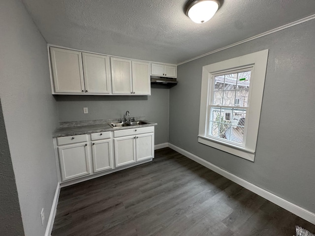 kitchen with dark wood-type flooring, white cabinets, a sink, and baseboards