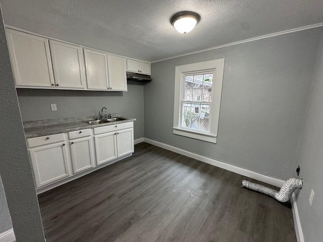 kitchen featuring dark wood finished floors, white cabinets, a sink, and baseboards