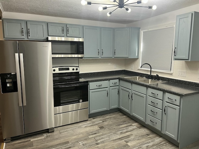 kitchen featuring stainless steel appliances, sink, light wood-type flooring, and gray cabinets