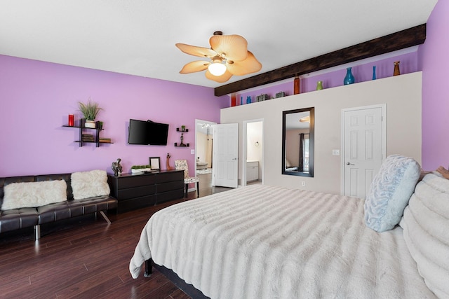 bedroom with ceiling fan, vaulted ceiling with beams, and dark hardwood / wood-style flooring