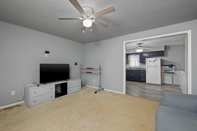 carpeted living room featuring ceiling fan, sink, and a textured ceiling