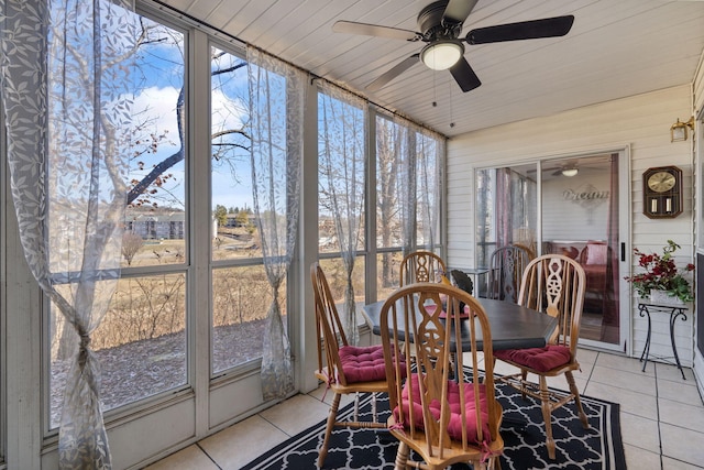 sunroom / solarium featuring wooden ceiling and ceiling fan