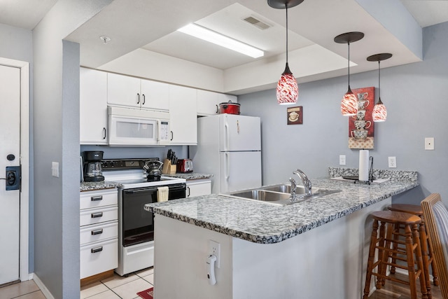 kitchen featuring pendant lighting, sink, white cabinets, kitchen peninsula, and white appliances