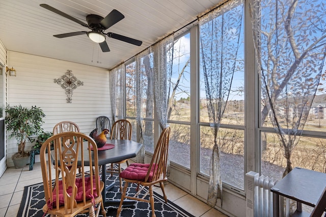 sunroom / solarium with radiator heating unit and ceiling fan