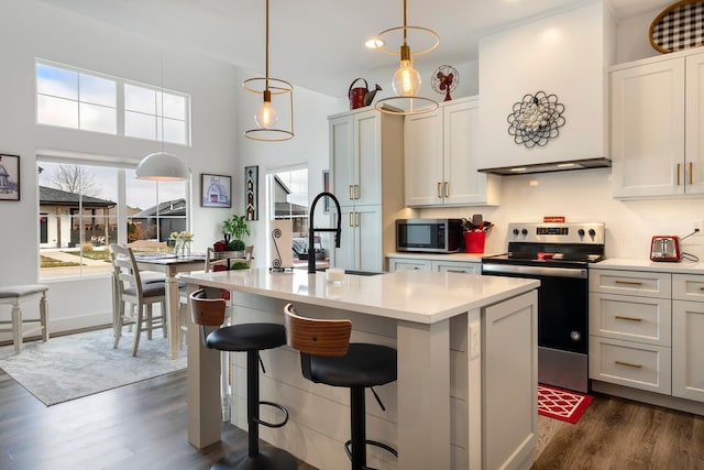 kitchen featuring stainless steel appliances, an island with sink, pendant lighting, and white cabinetry