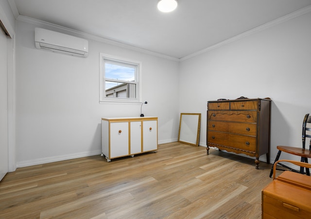 interior space featuring crown molding, light hardwood / wood-style flooring, and a wall mounted AC