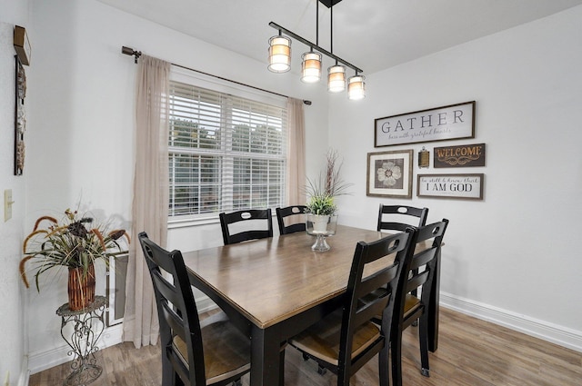 dining space with hardwood / wood-style flooring