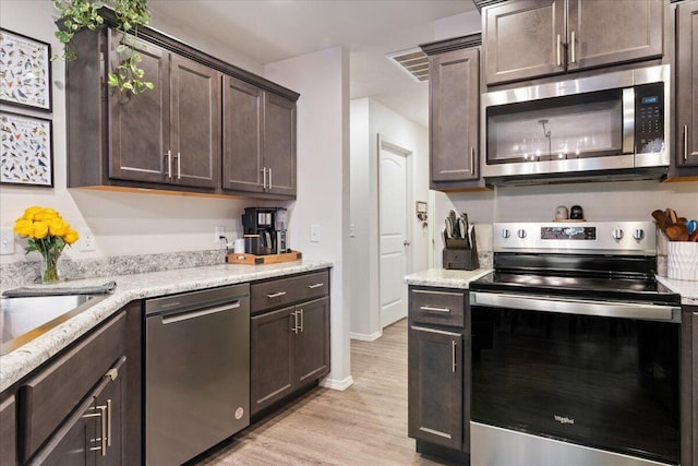 kitchen with visible vents, light wood-style floors, appliances with stainless steel finishes, light countertops, and dark brown cabinets