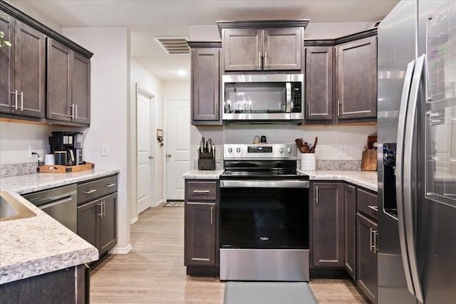 kitchen with visible vents, dark brown cabinets, light countertops, light wood-style flooring, and appliances with stainless steel finishes