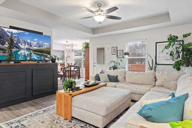 living area featuring a tray ceiling, wood finished floors, and ceiling fan with notable chandelier