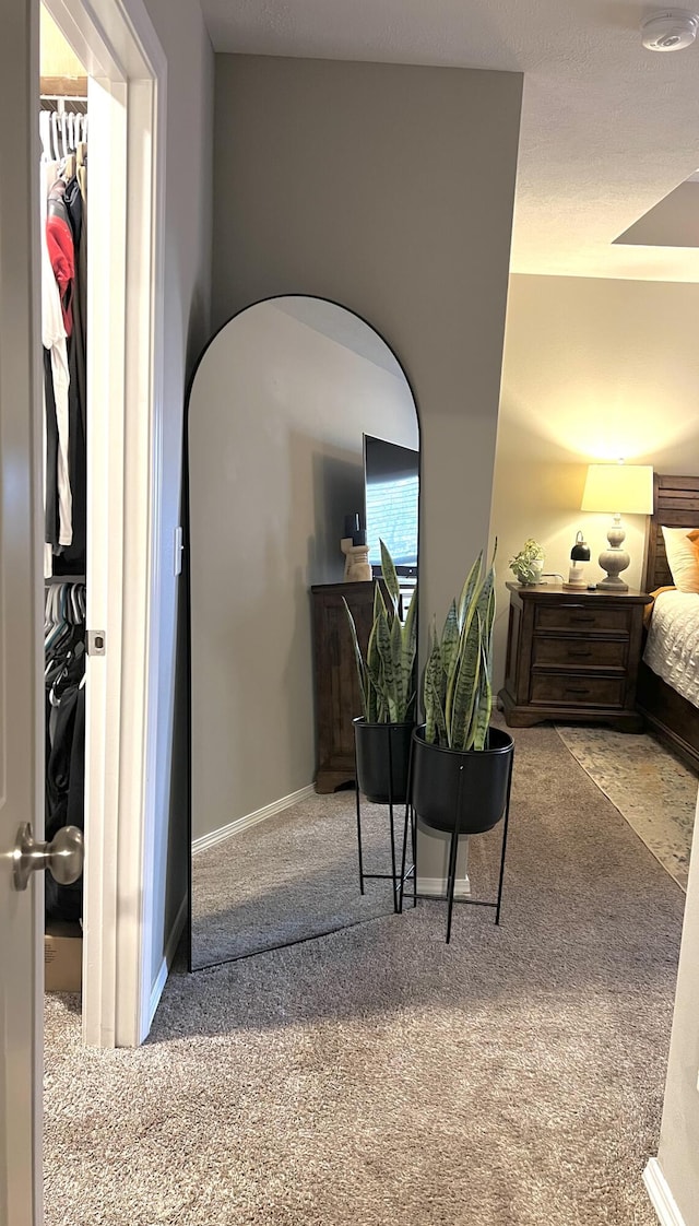 carpeted bedroom featuring baseboards and a textured ceiling