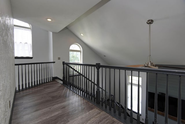 hall with dark wood-type flooring and lofted ceiling