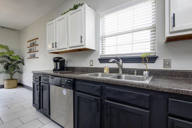 kitchen featuring white cabinetry, stainless steel dishwasher, and sink