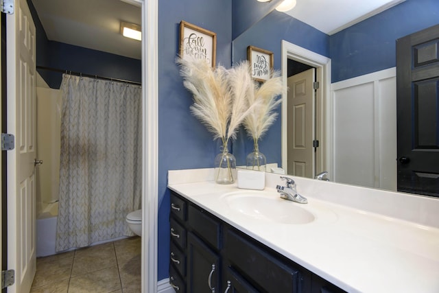 full bathroom with tile patterned flooring, vanity, shower / bathtub combination with curtain, and toilet