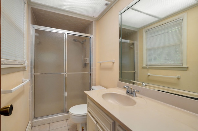 bathroom featuring tile patterned flooring, walk in shower, vanity, and toilet