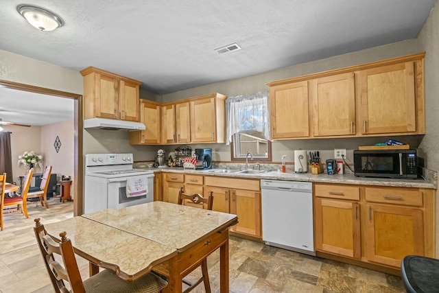 kitchen featuring sink, white appliances, a textured ceiling, and ceiling fan