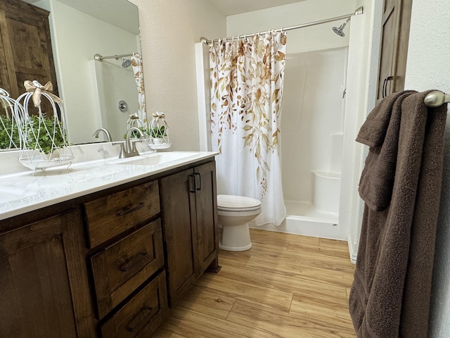 bathroom with vanity, hardwood / wood-style flooring, toilet, and a shower with shower curtain