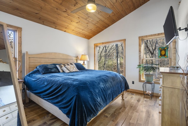 bedroom featuring wood ceiling, baseboards, vaulted ceiling, and wood finished floors