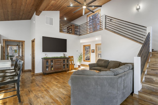 living room with wood ceiling, visible vents, wood-type flooring, and stairway