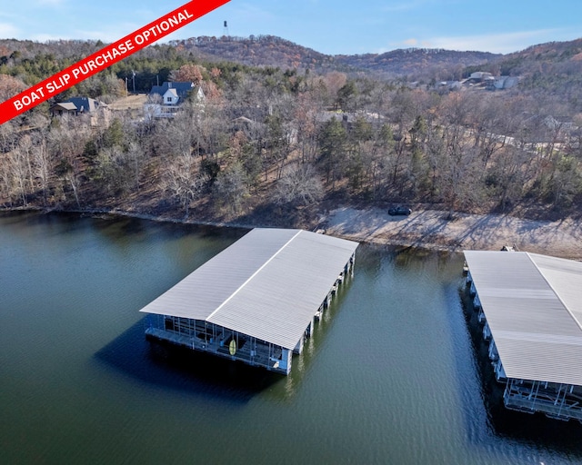 view of dock with a wooded view and a water and mountain view