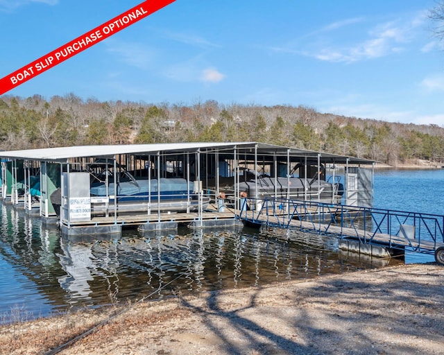 dock area with a water view and boat lift